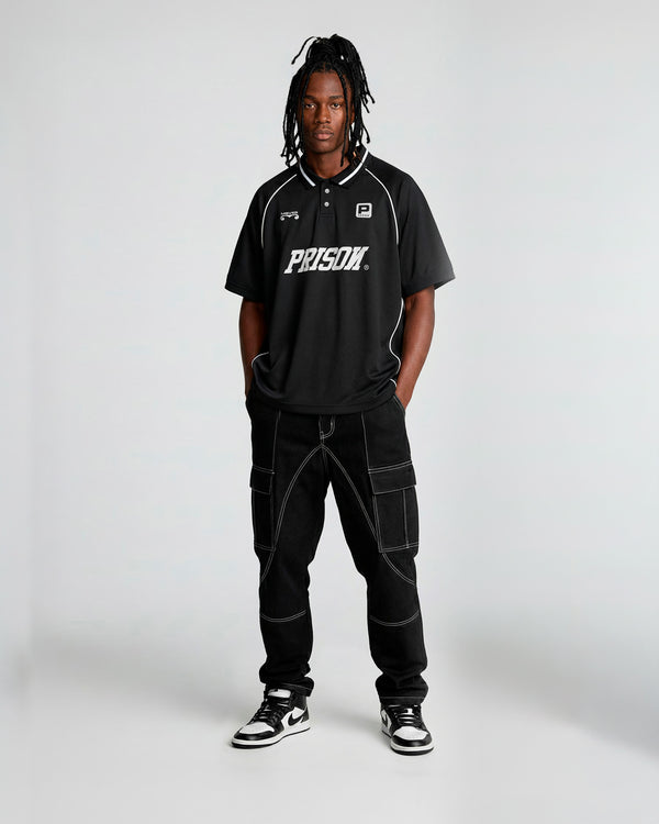 Camisa polo oversized lines preta prison x mavericks