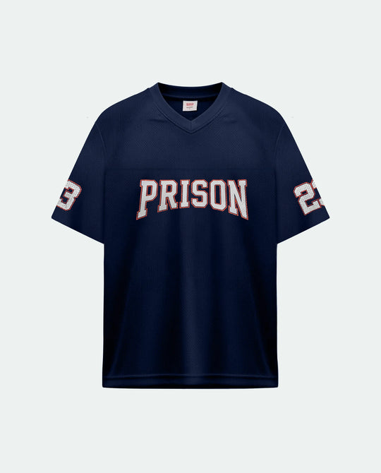 Camisa de futebol americano oversized dry fit azul-marinho número 23 PRISON, frente