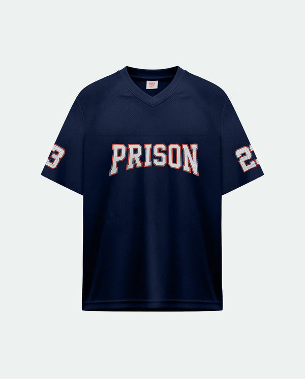 Camisa de futebol americano oversized dry fit azul-marinho número 23 PRISON, frente