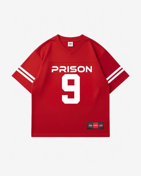 Camiseta futebol americano oversized 9 vermelha prison