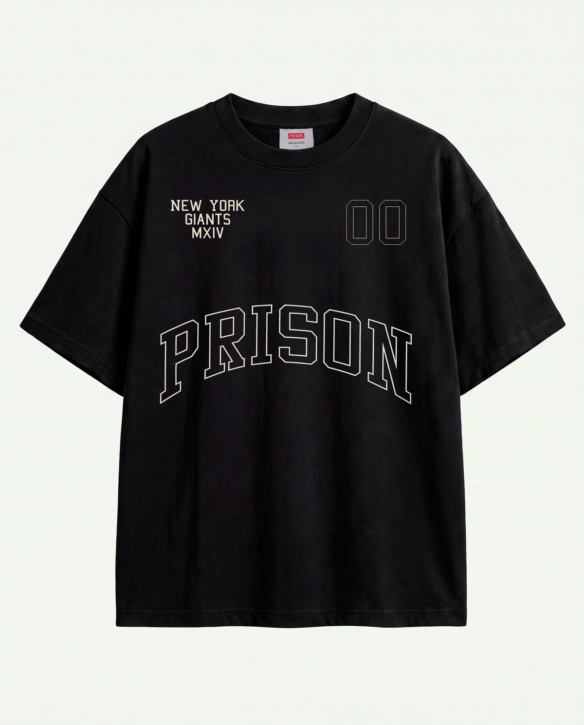 Camiseta oversized NY Varsity Prison preta estendida com arco em contorno no peito.