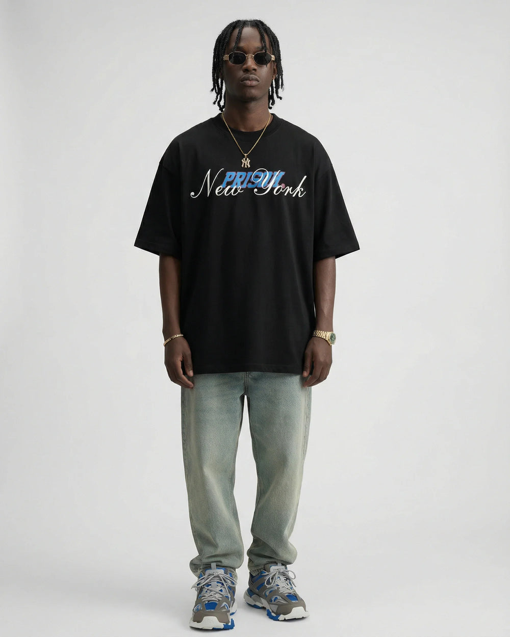 Camiseta oversized New York Script preta PRISON® vista frontal