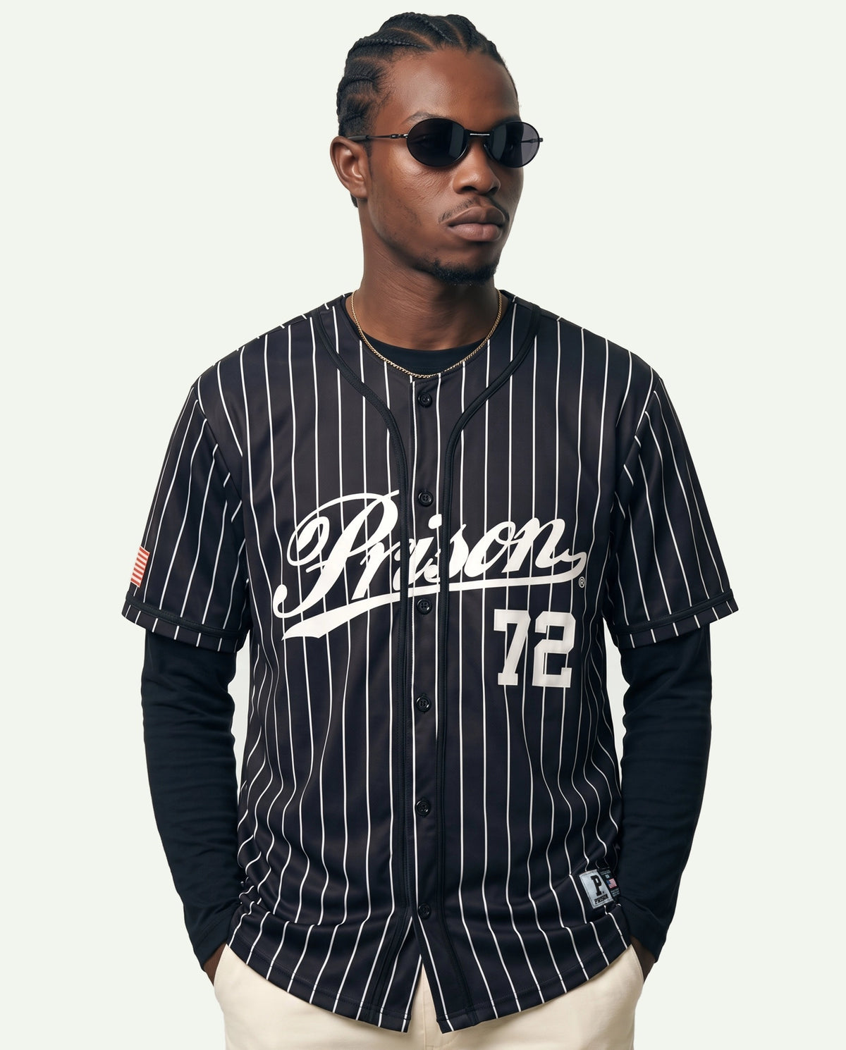 Camisa de Baseball Prison Listrada Preta