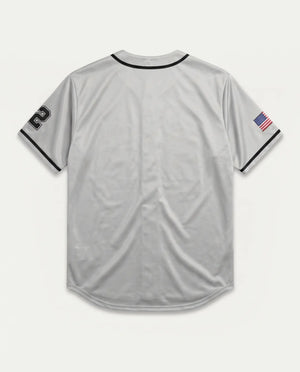 Costas da camisa baseball masculina cinza Prison com lettering esportivo