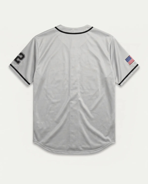 Costas da camisa baseball masculina cinza Prison com lettering esportivo