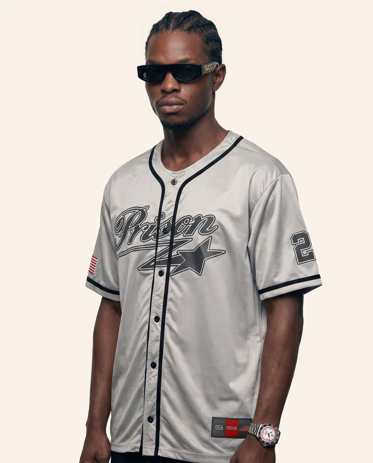 Camisa baseball masculina cinza Prison vista de frente