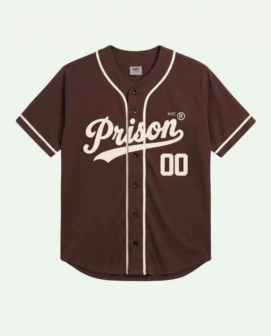 Camisa baseball masculina marrom New York Prison vista de frente