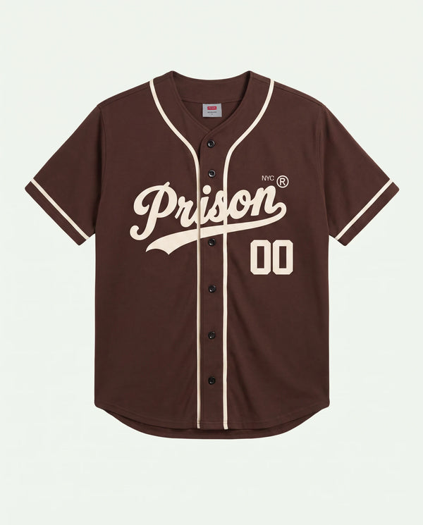 Camisa baseball masculina marrom New York Prison vista de frente