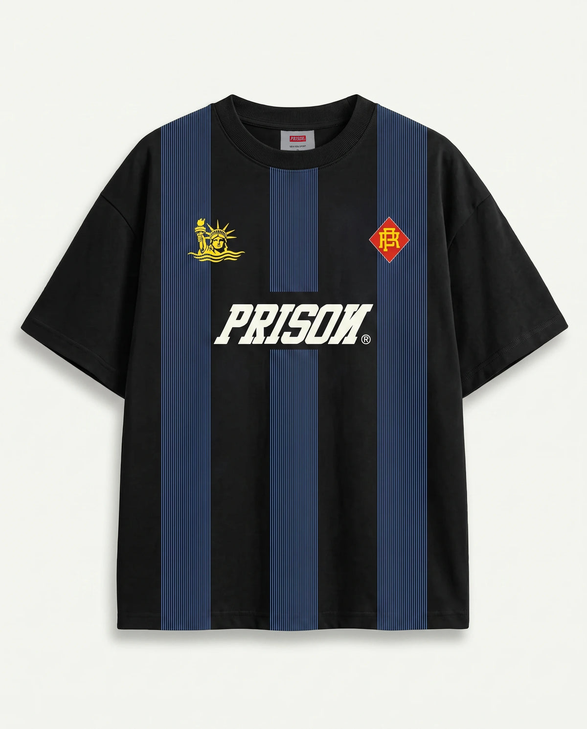 Frente da camiseta oversized listrada masculina Prison retro football