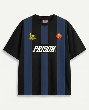 Frente da camiseta oversized listrada masculina Prison retro football