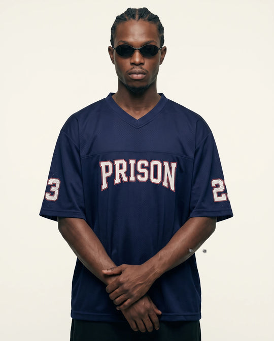 Camisa de futebol americano oversized dry fit azul-marinho número 23 PRISON, frente