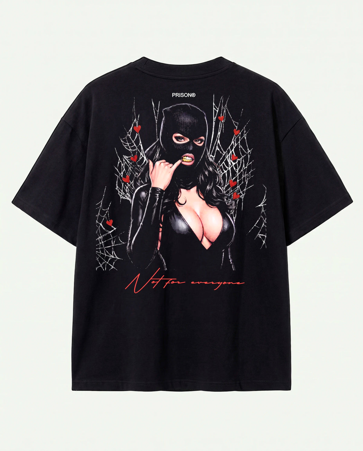 Costas da camiseta oversized Ganstar Prison preta com figura mascarada entre corações.