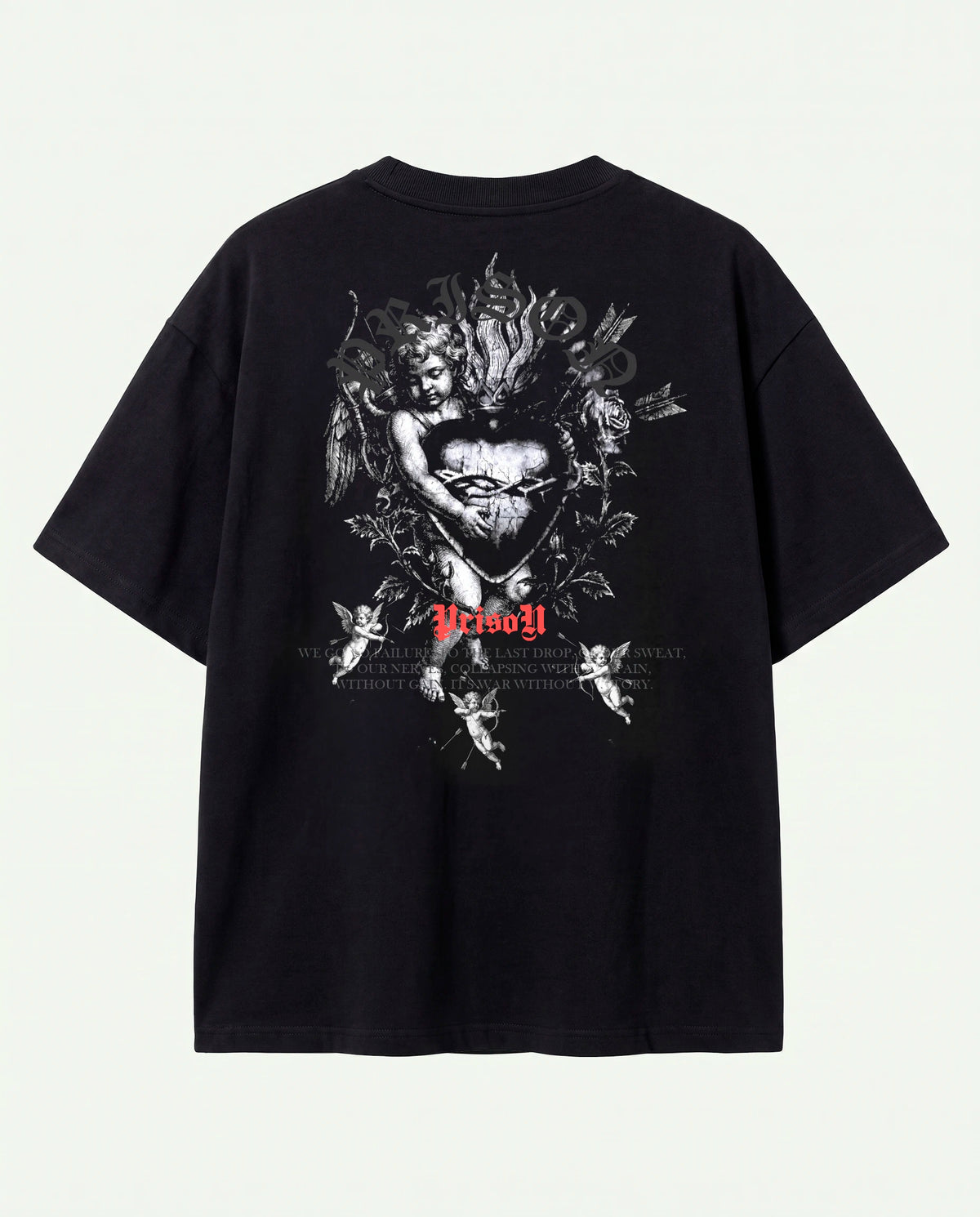 Costas da camiseta oversized Angel Prison preta com composição de querubins.