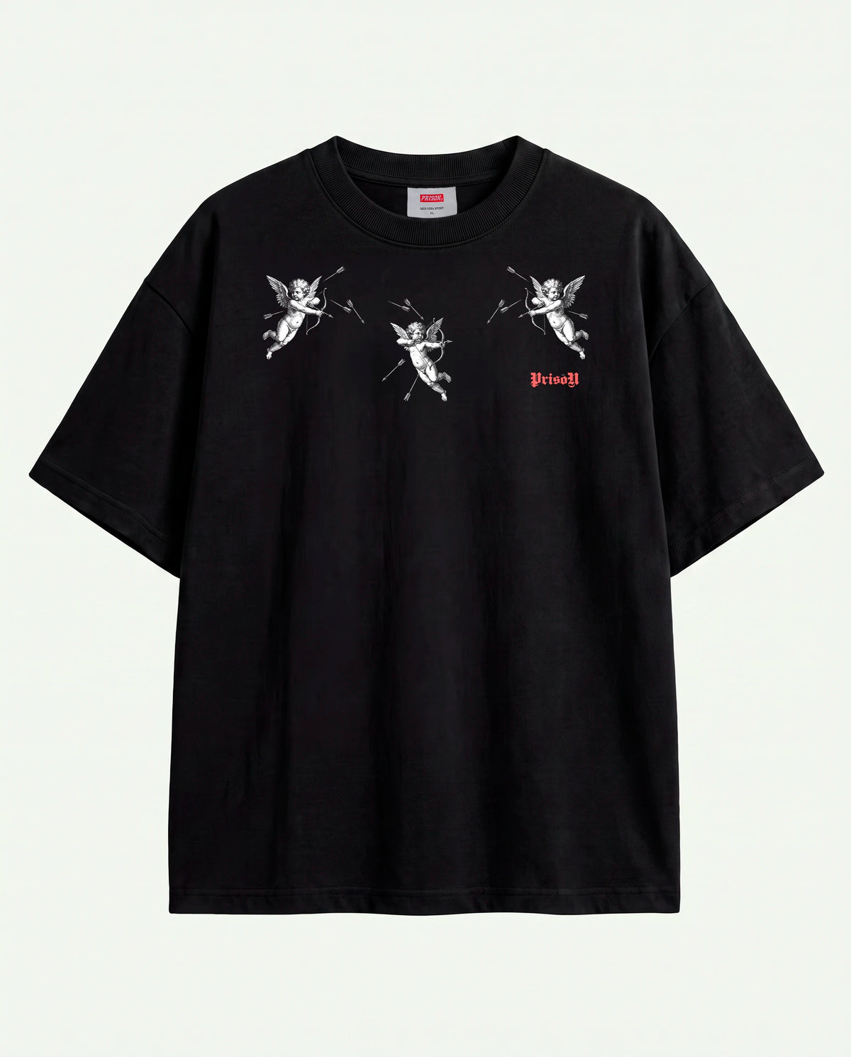 Camiseta oversized Angel Prison preta em vista completa estendida.