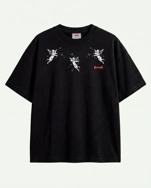 Camiseta oversized Angel Prison preta em vista completa estendida.