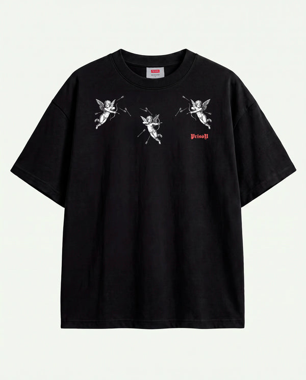 Camiseta oversized Angel Prison preta em vista completa estendida.