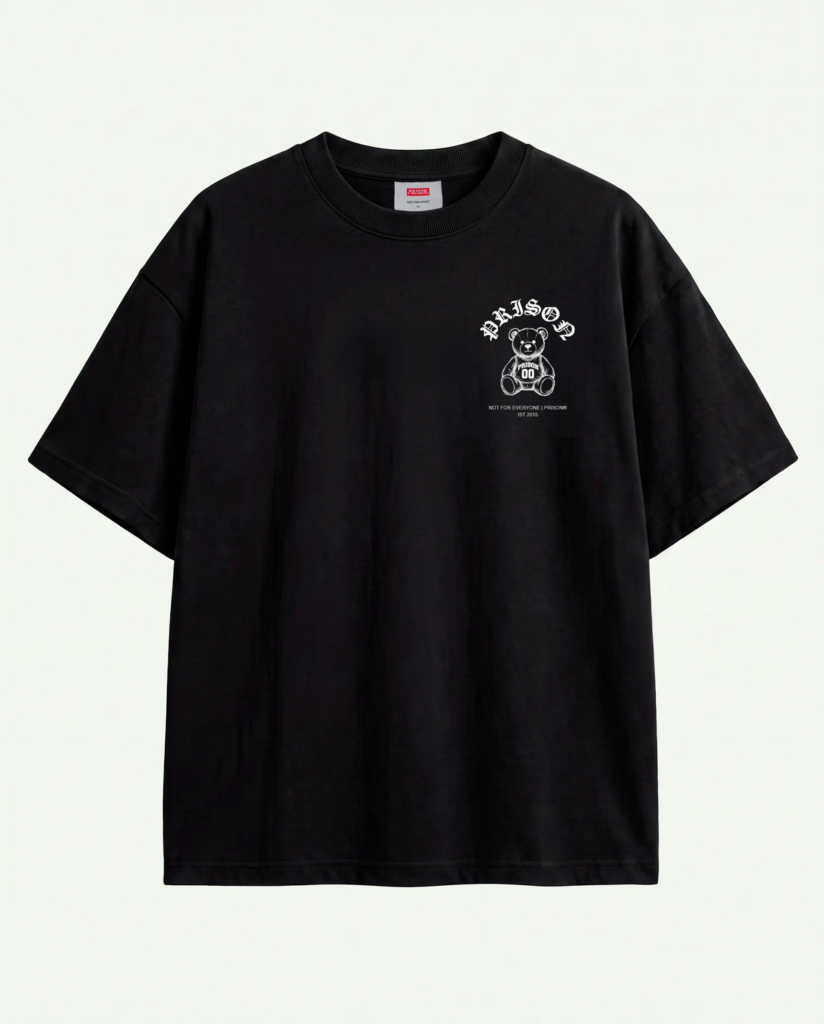 Camiseta oversized Super Bear Prison preta estendida, assinatura em traço fino no peito.