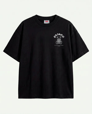 Camiseta oversized Super Bear Prison preta estendida, assinatura em traço fino no peito.