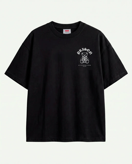 Camiseta oversized Super Bear Prison preta estendida, assinatura em traço fino no peito.
