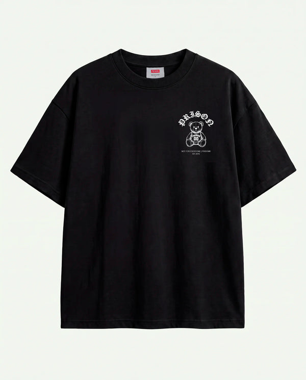 Camiseta oversized Super Bear Prison preta estendida, assinatura em traço fino no peito.