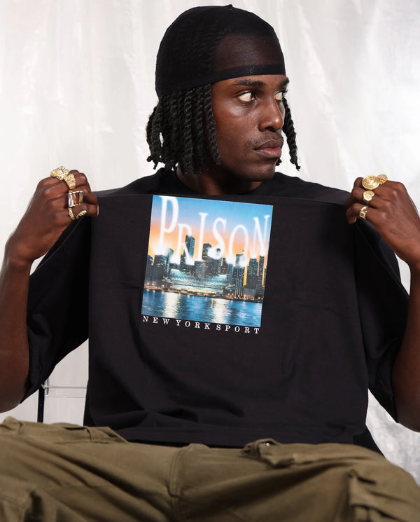 Camiseta Oversized NYC Skyline Postcard Preta