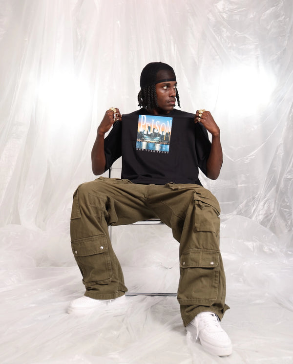 Camiseta Oversized NYC Skyline Postcard Preta