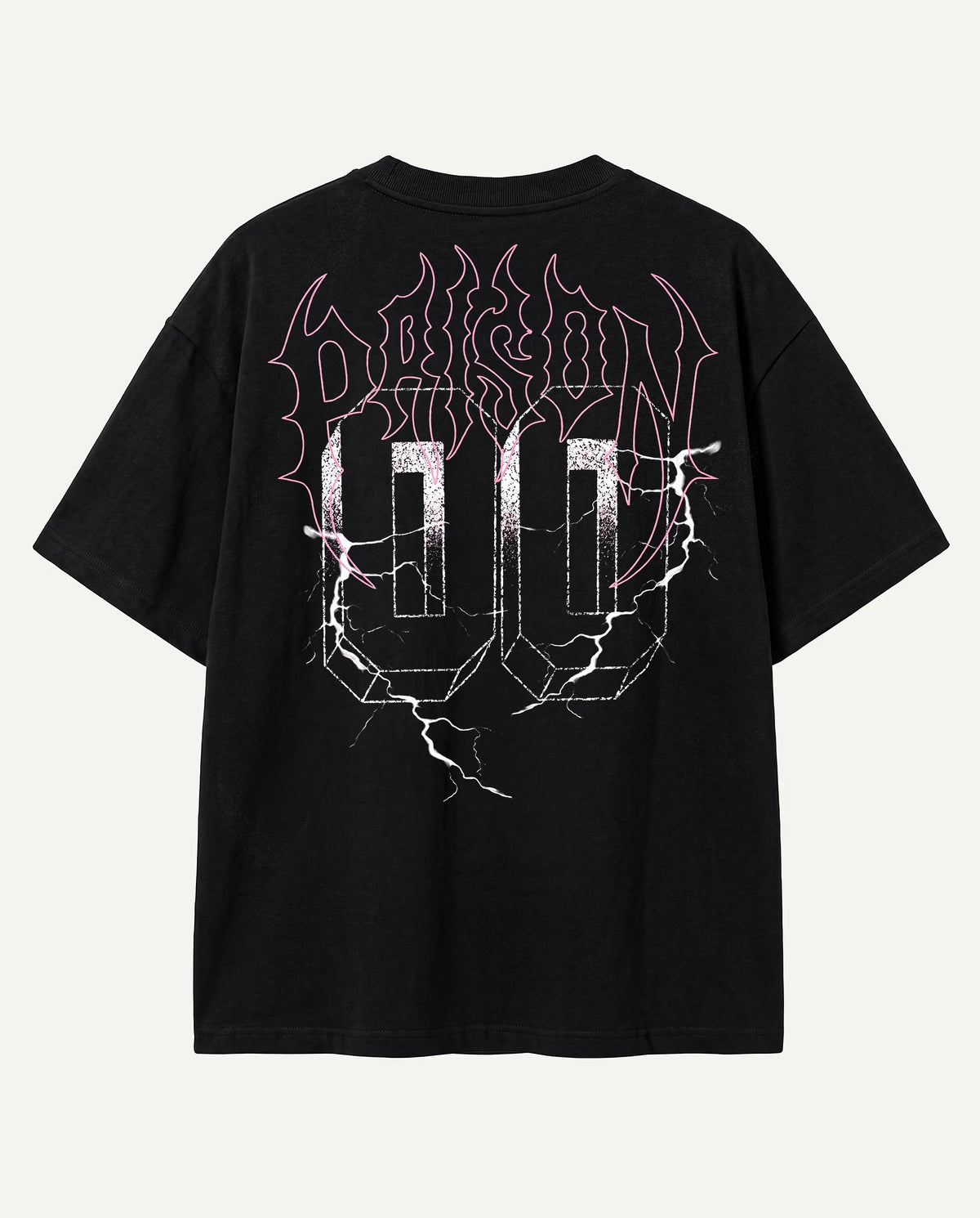 Costas da camiseta oversized Thunder Prison preta com logo em traço de metal e raios.