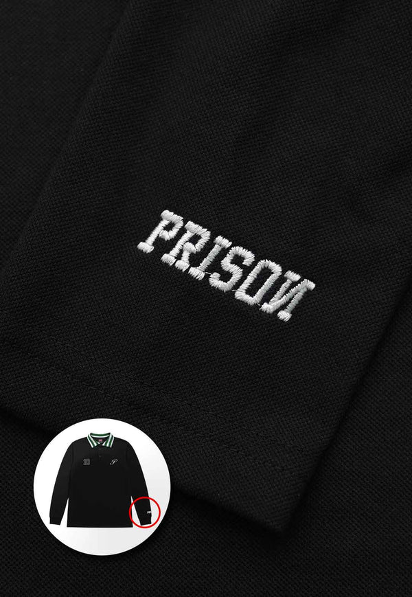 Camiseta Manga Longa Bordada Gola Polo Preta