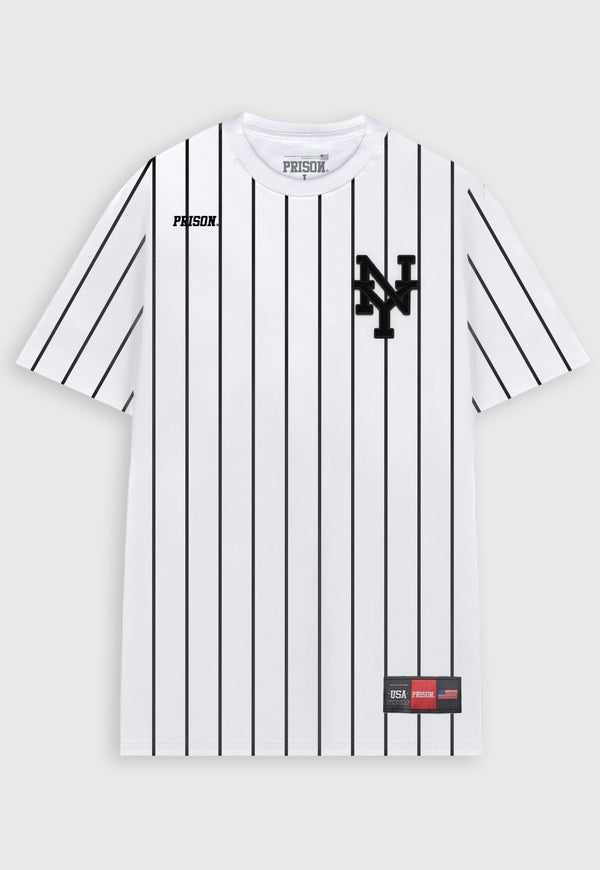 Camiseta Listrada New York Jersey Bordada Branca