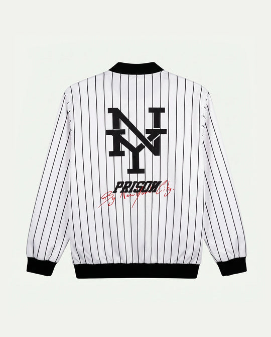 Jaqueta corta-vento masculina branca listrada New York Prison