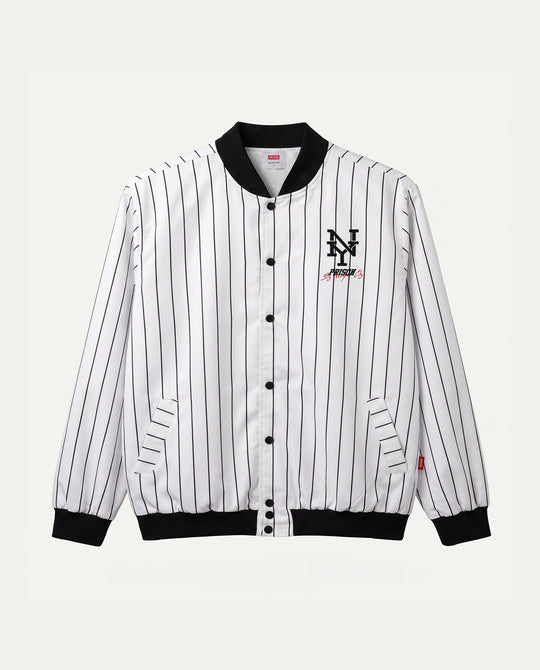 Jaqueta corta-vento masculina branca listrada New York Prison