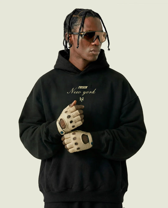 Moletom com capuz masculino preto New York Prison de frente