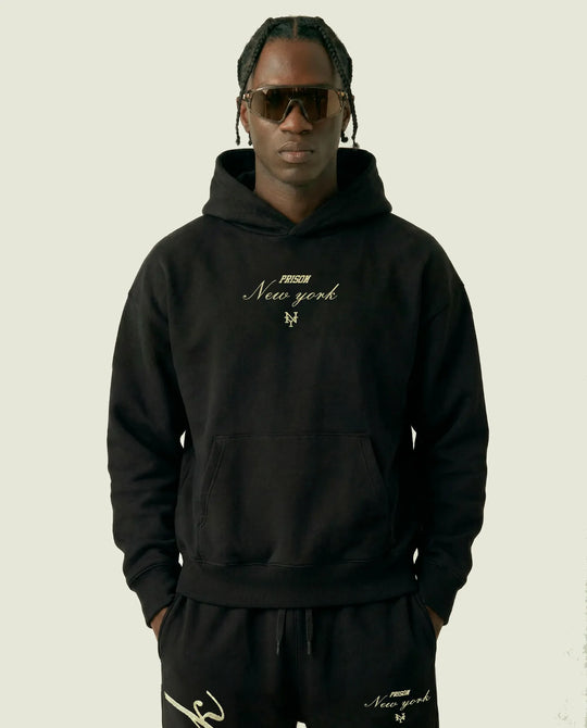 Moletom com capuz masculino preto New York Prison de frente