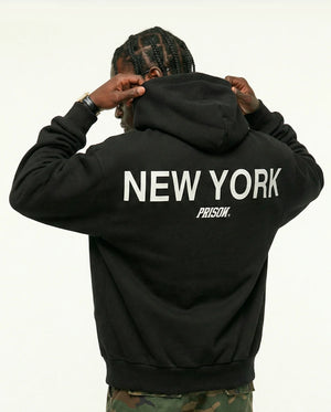 Costas do moletom com zíper masculino preto New York Prison
