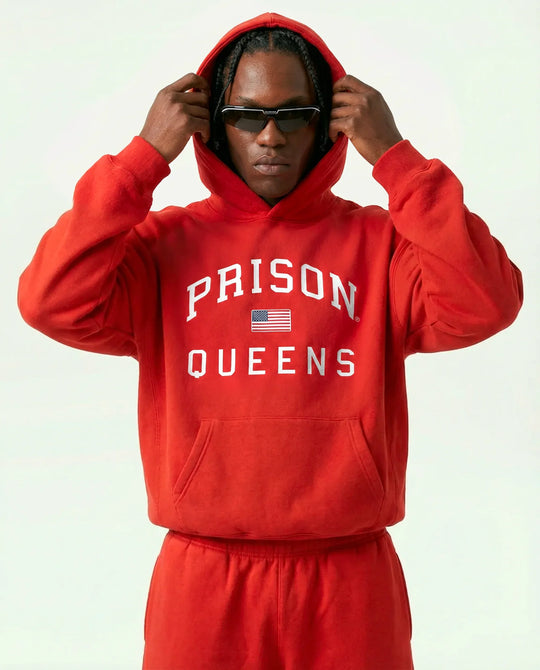 Moletom masculino vermelho Queens Prison de frente