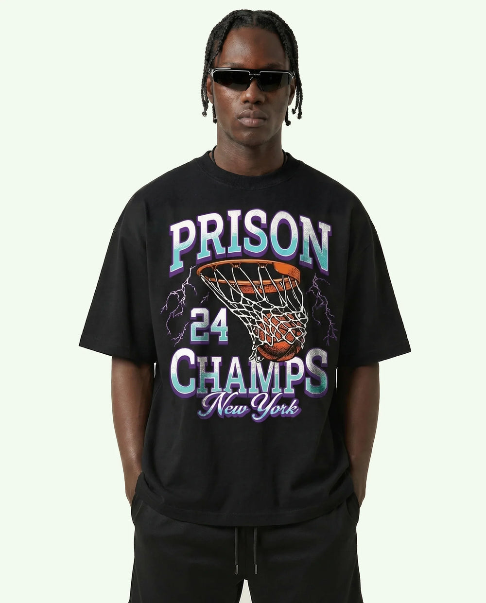 Camiseta oversized 24 Champs Basketball preta PRISON® vista frontal