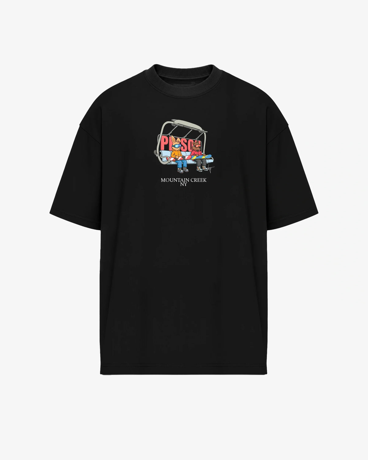 Camiseta oversized Mountain Creek NY preta PRISON® vista frontal