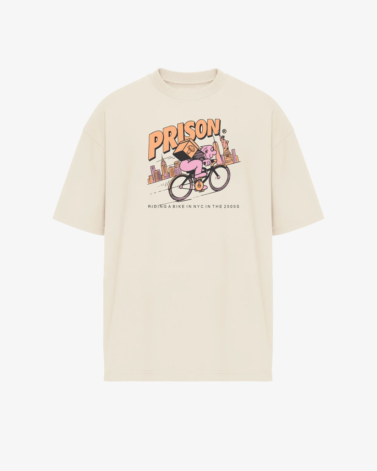 Camiseta oversized NYC Bike Vintage off-white PRISON® vista frontal