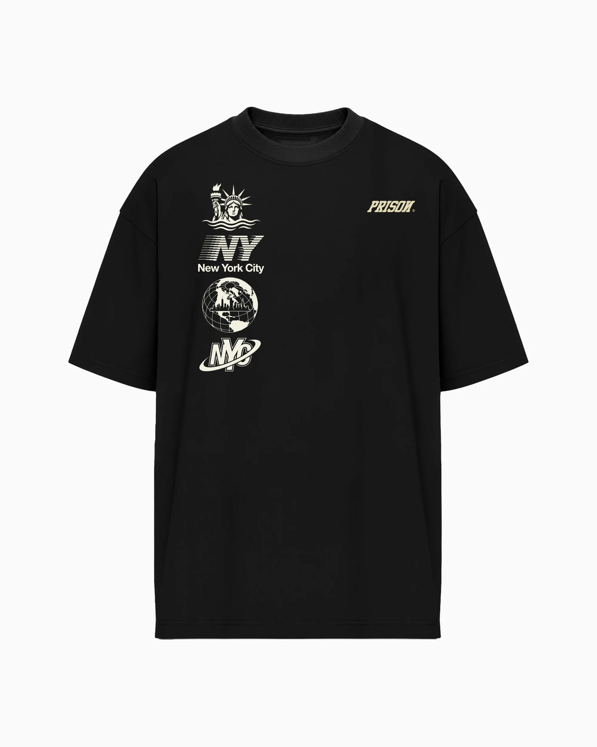 Camiseta oversized NYC Essentials Ícones preta PRISON® vista frontal