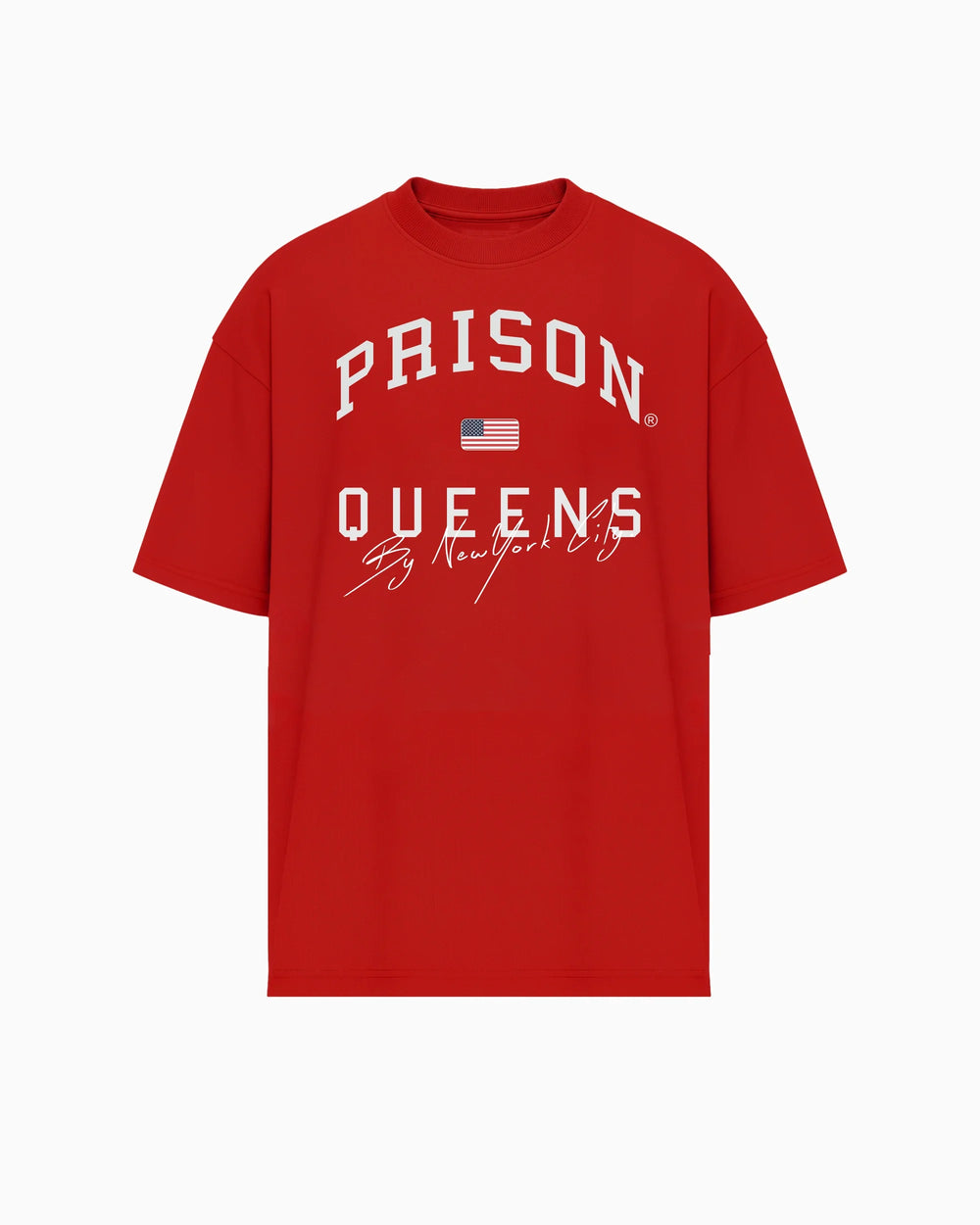 Camiseta oversized Queens Varsity vermelha PRISON® vista frontal