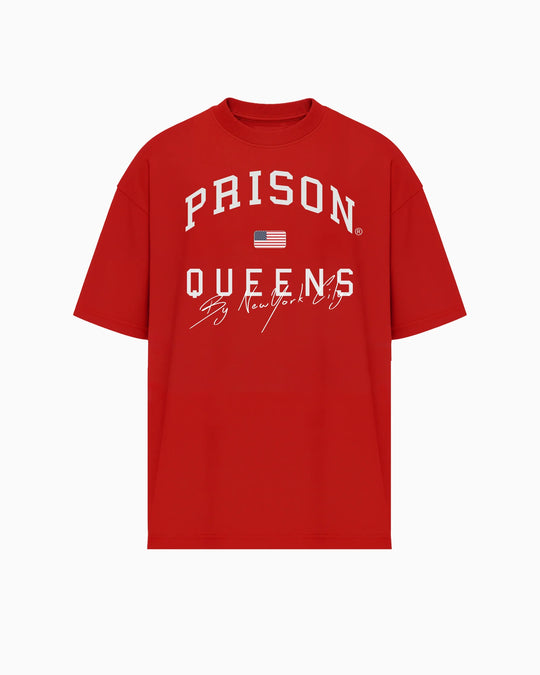 Camiseta oversized Queens Varsity vermelha PRISON® vista frontal