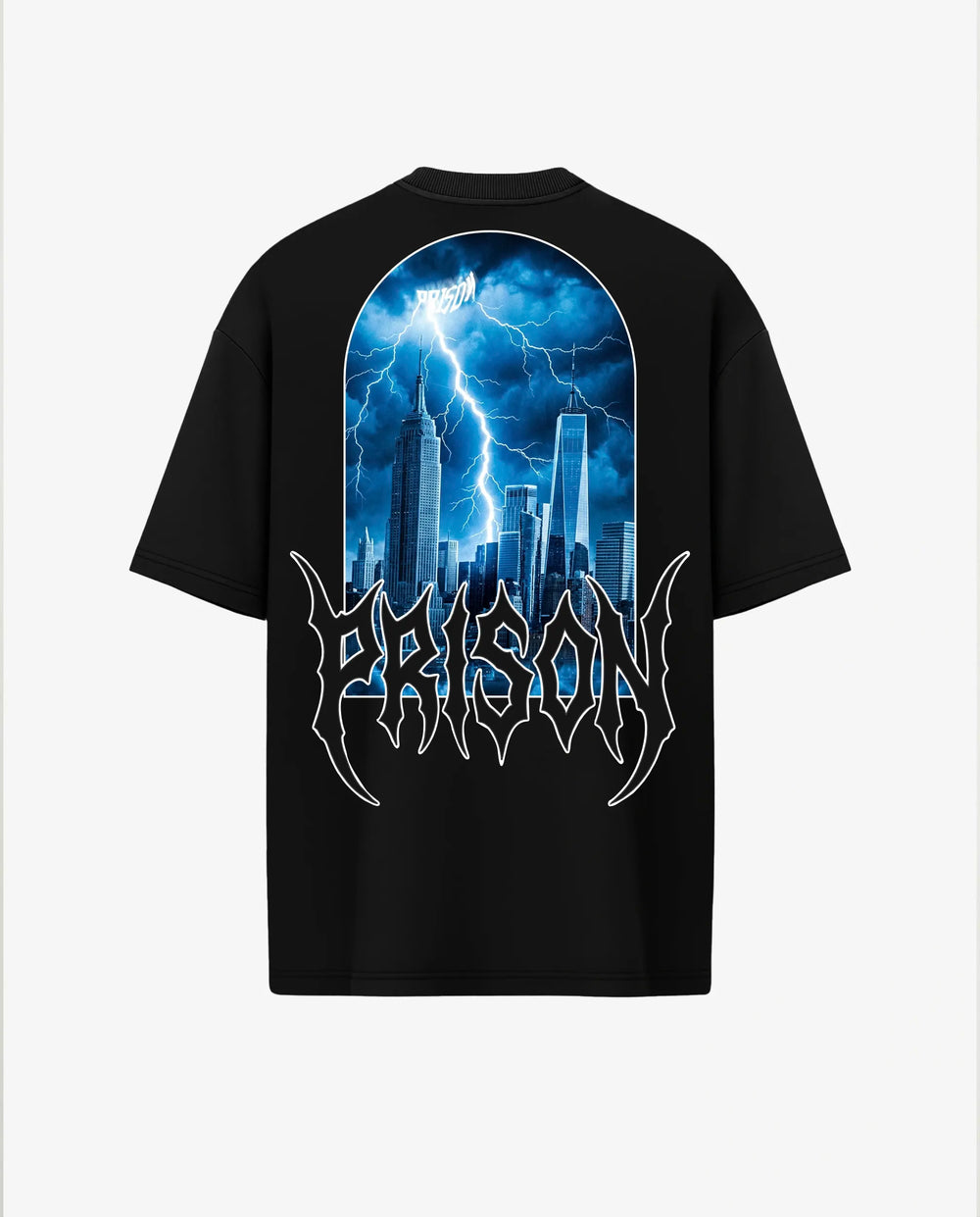 Camiseta oversized Lightning NYC Skyline preta PRISON® estampa nas costas