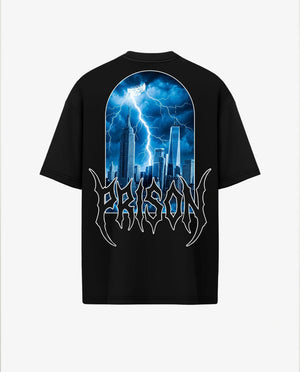 Camiseta oversized Lightning NYC Skyline preta PRISON® estampa nas costas