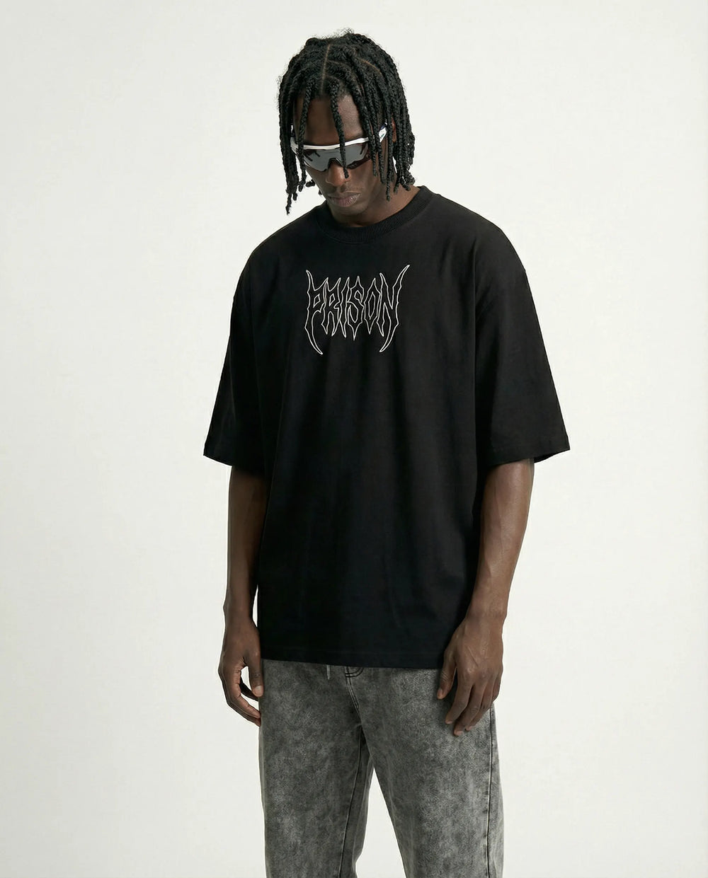 Camiseta oversized Lightning NYC Skyline preta PRISON® estampa nas costas