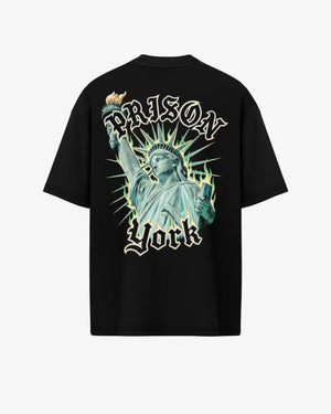 Camiseta oversized Estátua da Liberdade York preta PRISON® estampa nas costas